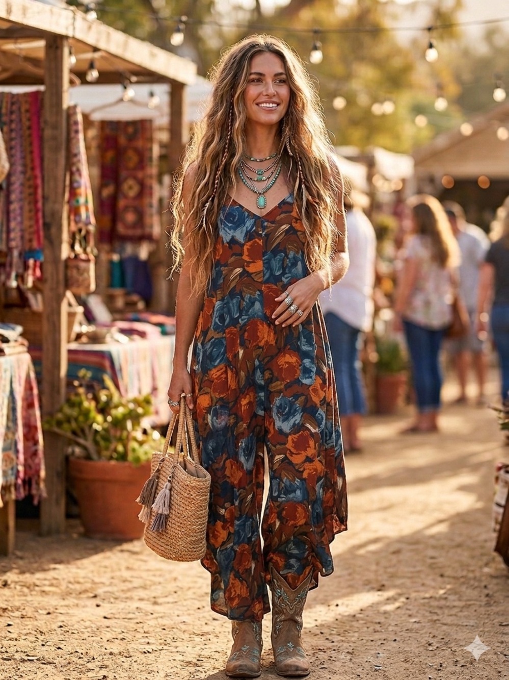 Boho Floral Wide-Leg Jumpsuit in Rust & Teal SIZE M